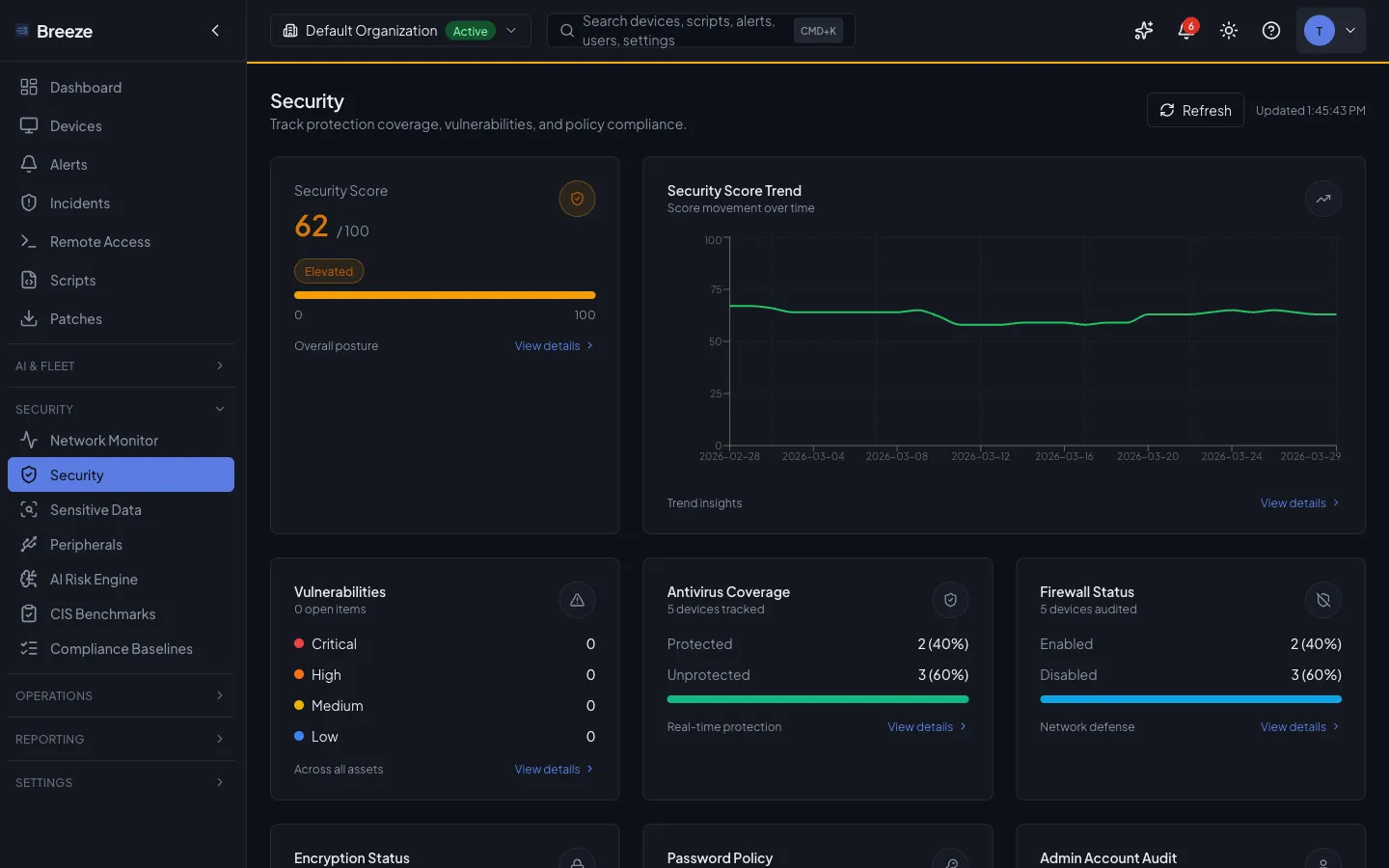 Breeze Security dashboard showing posture score, vulnerability counts, and compliance status